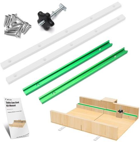 Crosscut Sled Kit for Table Saw, Catcan Table Saw Sled Kit Includes 2 Aluminum 12” T-Track, 2 UHMW 17” Miter Bars, Screws, Knob and Bolt for Tablesaw Woodworking