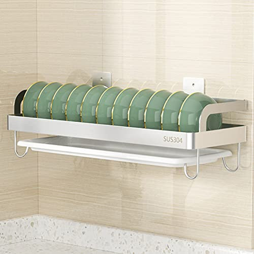Escurridor de platos de acero inoxidable montado en la pared, organizador de cocina que ahorra espacio con bandeja de drenaje, soporte para utensilios y cesta de almacenamiento colgante para un secado