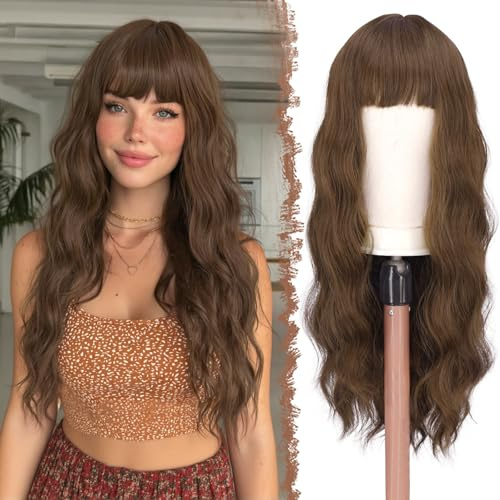 FESHFEN Gewellte Perücke mit Pony - Lange Wellen Hellbraun Perücken für Damen Natürliche Synthetik Hitzebeständig Haarperücke für Tägliche Party Cosplay Karneval, 65 cm