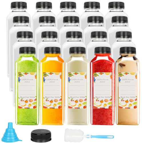 20 Pack 500 ml Square Clear PET Plastic Juice Bottles with Black Lids | 17 oz Plastic Bottles, Reusable, for Juice, Milk, Smoothie, Homemade Beverages,Waters.Include Labels,Brush & Funnel