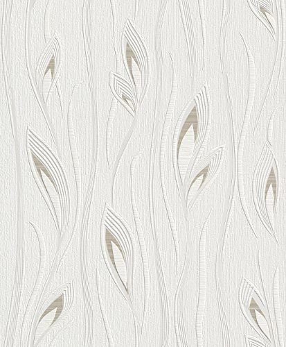 Rasch Vliestapete Blätter-Ranken - Strukturierte Tapete in Weiß Beige für ein exotisches Wohnambiente - Einfaches Tapezieren und Überstreichbar - 10,05 m x 0,53 m