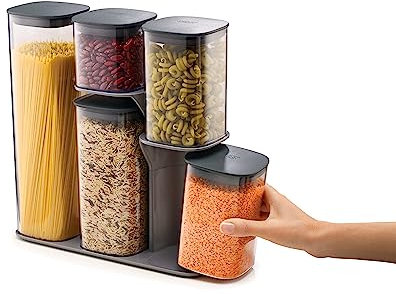 Joseph Joseph 5 piece Podium Airtight Kitchen Food Storage Jar Container Set with Stand, Grey