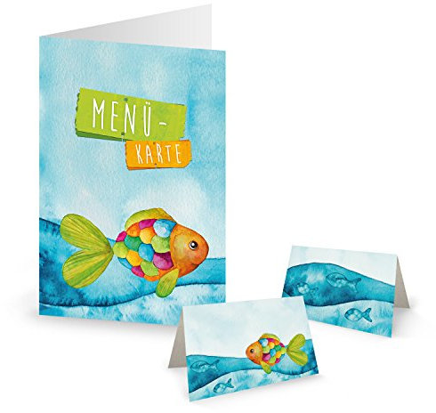 Logbuch-Verlag 10 Menükarten FISCH + 25 Tischkarten blau Kommunion Geburtstag Kinder Taufe Fest Meer maritim Sommer türkis