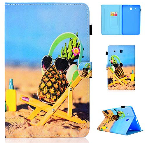 Lspcase Custodia Portafoglio per Samsung Galaxy Tab E 9.6 Pollice SM-T560 / T561 Smart Cover a Libro Pelle Chiusura Magnetica e Carte di Slot Flip Cover with Porta Penna Ananas e Spiaggia