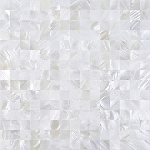 KASARO Peel and Stick Backsplash Shell Tiles, Mother of Pearl Mosaic Self Adhesive Tiles for Kitchen Wall Bathroom Bedroom Decor, White, 6 sheet
