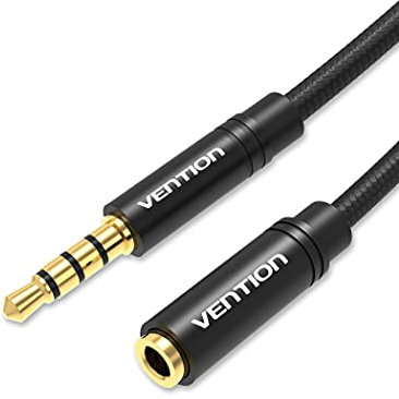 VENTION Cable Audio Alargador Jack 3.5mm Macho a Hembra Extensión 1m, Nylon Trenzado, Conector Chapado en oro de 24 Quilates, para Auriculares, Televisión, Portátil, PS4, Xbox