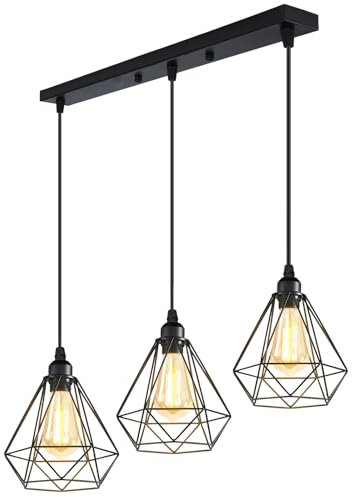 Lampara Colgante E27 Vintage Industrial Lámpara de Techo Colgante Negro Retro 3 Luces Iluminación Para Cocina Comedor Sala de estar