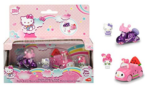 Dickie Toys Hello Kitty Macaroon + Melody Watermelon, 2er Set, Fahrzeuge und Figuren aus Aluguss, Figuren herausnehmbar, Fahrzeuglänge: 6 cm, Figurgröße: 2,5 cm, ab 3 Jahren