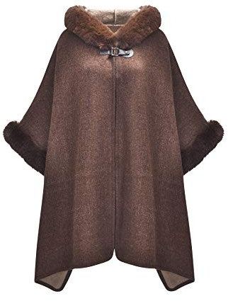 ZLYC Damen Winter Umhang Strickjacke Warm Kunstpelz Mäntel Poncho Cape mit Kapuze(Braun),Einheitsgröße