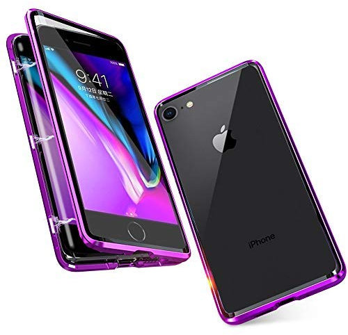 Kompatibel Hülle iPhone SE 2020 Magnetische Adsorption Handyhülle Metallrahmen Transparent Vorne und Hinten Gehärtetem Glas Schutzhülle 360 Grad Stoßfest Cover Case - Lila