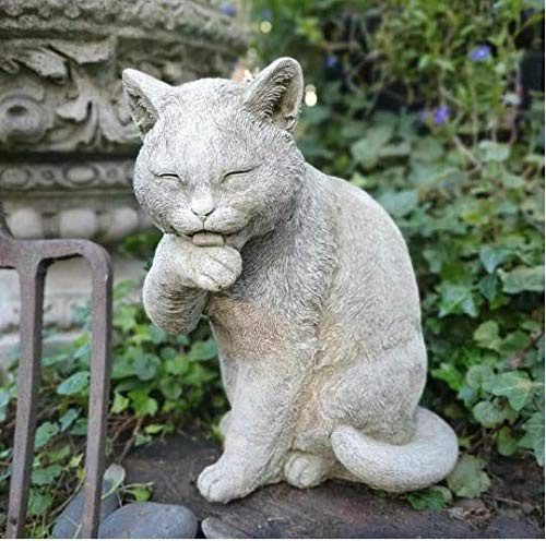 Statua di gatto Preening | Decorazione ornamentale da giardino in pietra ricostituita