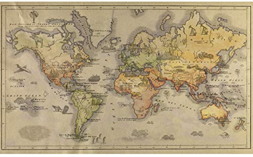 PLAGE Papier peint mappemonde vintage, 250 cm X 150 cm, effet panoramique ancienne carte du monde, marron vieilli.