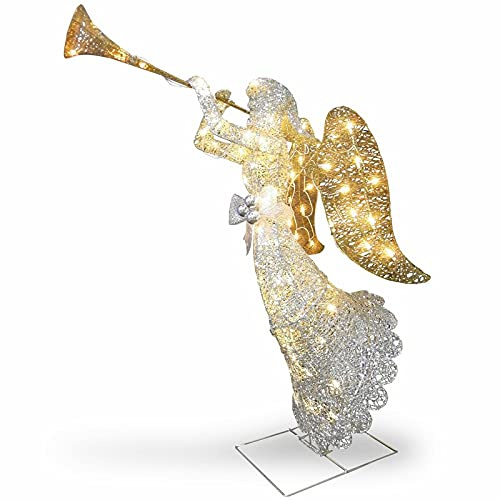 Holiday Home Gold Silver Lighted Angel with Trumpet Outdoor Christmas Yard Decoration Sculpture Yard Art Holiday Winter Display