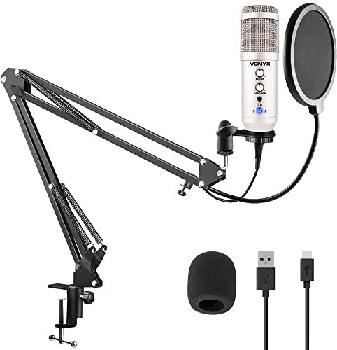 Vonyx CMS320S - Studio Mikrofon mit Halterung, inkl. Pop-Filter mit Schwanenhals, Gaming Mikrofon PC Set, 14kHz, USB Mikrofon, Streaming, Podcast, Aufnahme Mikrofon, Silber