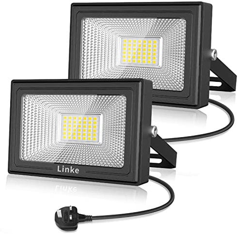 Linke LED Floodlight Outdoor 35W, 3000LM Work Lights Plug in, IP66 Waterproof Led Outdoor Lights, Wall Lights Outdoor Daylight White for Garden, Porch, Courtyard, Garage & Warehouse, 2 Pack