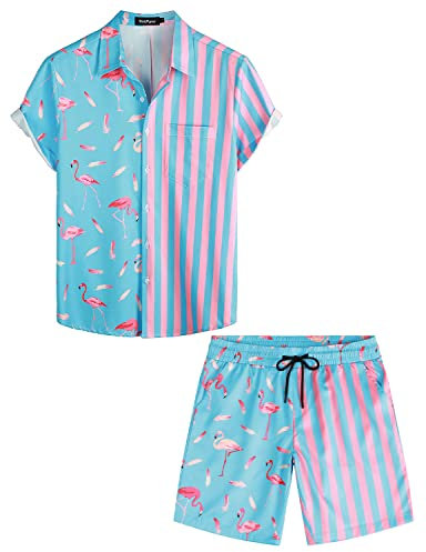 VATPAVE Herren Flamingo Hawaii 2 Teiliges Sets Kurzarm Freizeithemden Strand Outfits Klein Blau Flamingo