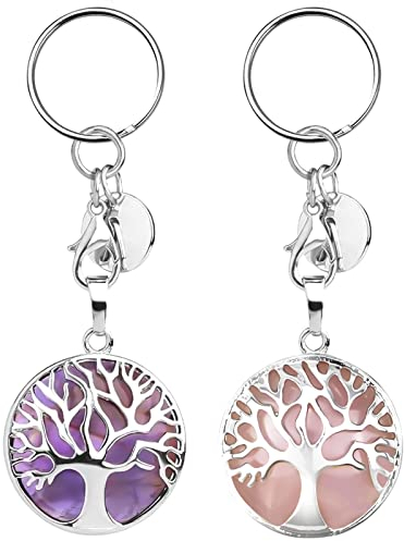 iYInJuan 2 Stücke Schlüsselanhänger, Lebensbaum Schlüsselanhänger, Natürlich Edelstein Lebensbaum Chakra Heilsteine Reiki Keychain Glückbringer Keychain Schmuck, Purpur, Rosa