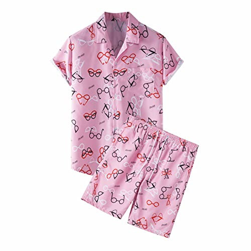 Onsoyours Ensemble Plage Homme Chemise Shorts Hawaii Chic Imprimé Survetement Hawaiian été Casual 2 Pièce Decontracte Elegante Jogging Sportswear Rose XXL