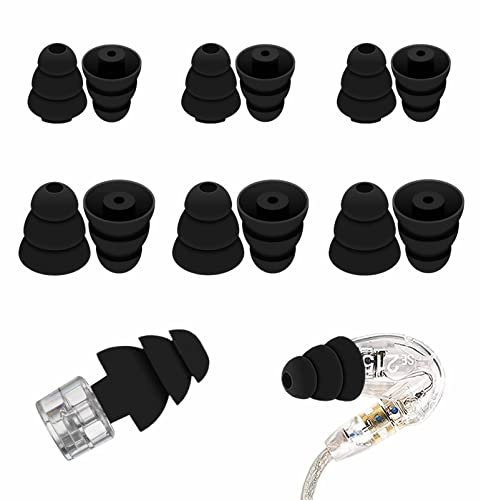 6 Pairs Triple Flange Compatible with Shure SE215 Pro Ear Tips, Noise Reduce Silicone with 2mm Connector Hole Eartips Earbuds Compatible with Etymotic Research / Klipsch / Westone - Black