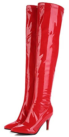 WOkismD Overknee-Stiefel für Damen Sexy Stiletto High Heel Lackleder Overknee-Stiefel mit spitzer Zehenpartie und seitlichem Reißverschluss,Rot,47