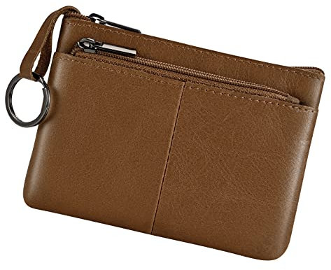 Porte-monnaie en cuir véritable avec triple fermeture éclair et porte-clés, marron, Pochette à monnaie