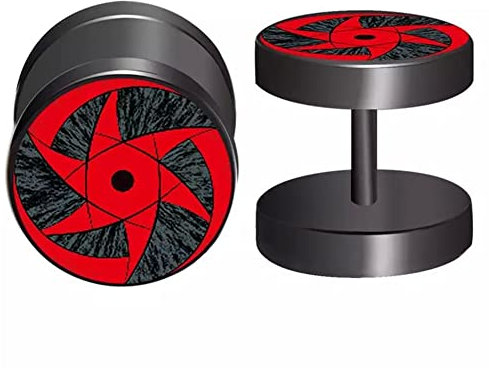 CHICNET Fake Plug Piercing Ohrstecker Ohrring Edelstahl schwarz rot, Schraubverschluss, 10mm rund, Stift 6mm x 1.2mm, Sharingan Auge Naruto Anime Manga Cosplay Damen Herren Stern