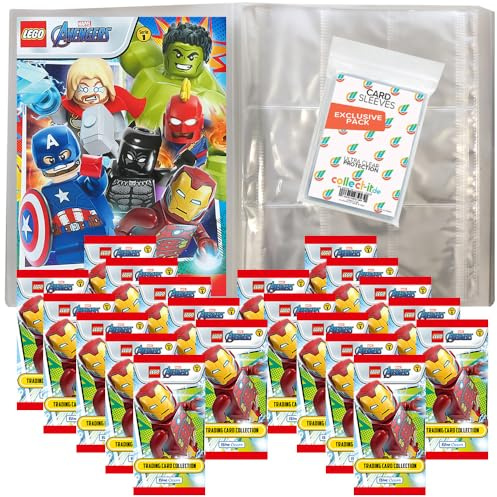 Bundle mit Lego Avengers - Serie 1 Trading Cards - 1 Leere Sammelmappe + 20 Booster + Exklusive Collect-it Hüllen