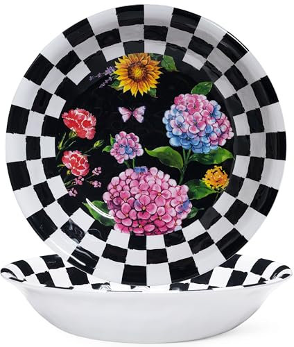 LEHAHA Melamine Large Serving Bowls, Set of 2, Sunflower 13.75 x 2.75 (130 OZ) Pasta and Salad Bowl, Black Plaid Durable for Kitchen, Dishwasher Safe