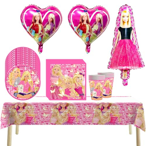 Yisscen 44-Piece Princess Party Tableware Set, Includes Plates, Cups, Napkins, Tablecloths, Balloons, Perfect for Barbie Princess Birthday Party Decoration