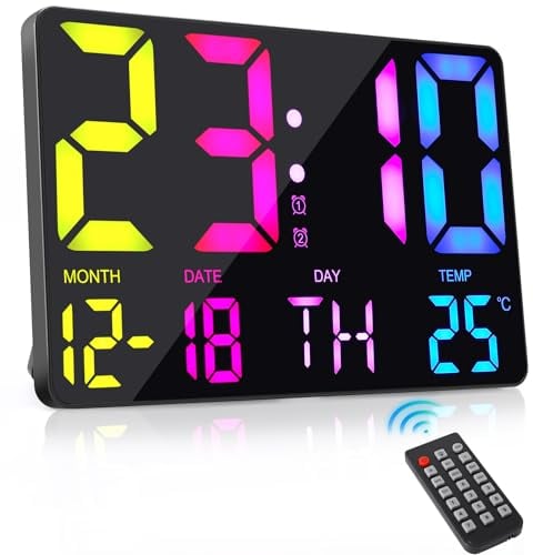 AIMMIE Digital Wall Clock with Remote Control & Wall Light, Digital Alarm Clock 13inch LED Digital Clock with Date/Day, 12/24H, Temperature/Adjustable Brightness Desktop Alarm Clock for Home Office