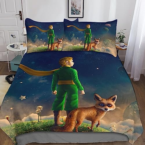 BYTUGI Der kleine Prinz Bettwäsche Bettbezüge Set Mit Kissenbezüge, Animation Muster Bettbezug-Sets,aus Mikrofaser Mit Reißverschluss Weich Und Bügelfrei King(220x240cm)
