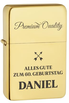 Benzin Sturmfeuerzeug Gold Männergeschenk zum Geburtstag - mit Gravur - Geschenk zum Jubiläum und Vatertag - ideales Outdoor Feuerzeug - zum Campen, Wandern und Jagen geeignet