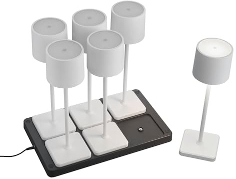 Reality Leuchten LED Akku Außen Tischleuchten Set Fernandez R54096631, 6x Akku Tischleuchten mit 6er-Ladestation, Metall/Kunststoff Weiß matt, je 1.5 Watt LED