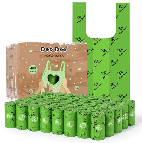 Dog Poo Bags Large Poop Bags with Tie Handle Recycle Leak-Proof 40 Rolls 480 Bags 11 * 15 Inch Green Doggy Waste Bags for Cat Little Unscented