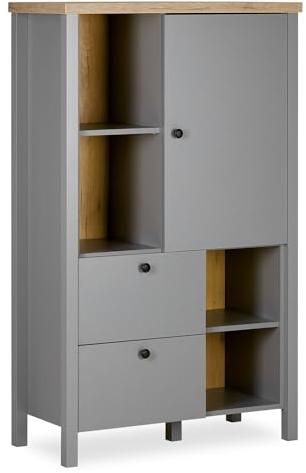 Homestyle4u 2491, Modernes Highboard Kommode Grau Natur 140 cm hoch Schrank Schubladen Fächer Wohnzimmerschrank