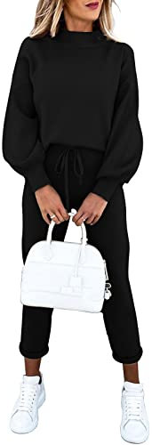 Sovoyontee Damen Langarm Trainingsanzug Pyjamas Hoher Hals Pullover Sweatshirt Lounge 2-Teiliges Outfits Set Schwarz XL