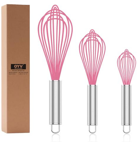OYV Batidor de silicona rosa, batidor profesional para cocinar antiarañazos, acero inoxidable y silicona, herramienta de batidor de goma de plástico para sartenes antiadherentes, juego de 3