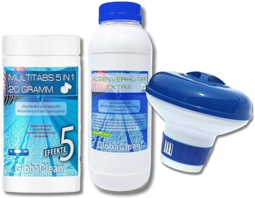 GlobaClean Pool Wasserpflege Set Multitabs 5 in 1 20g, Dosierschwimmer und Algizid - Pool Reinigung Set mit Chlortabletten für Pools