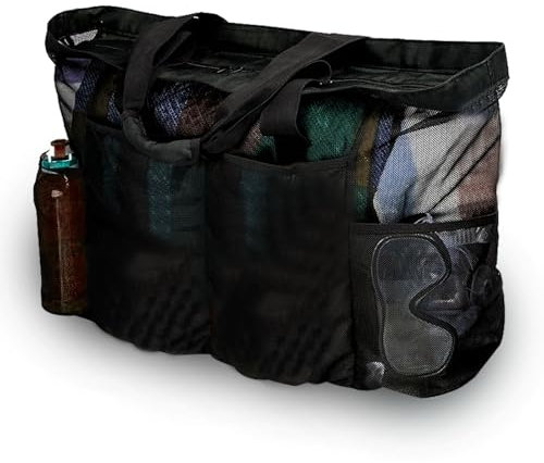 AdiStylinno Borsa da spiaggia XXL, famiglia, borsa da spiaggia con chiusura lampo, grande borsa da bagno, pieghevole, leggera, in rete per shopper famiglie, vacanze, spiaggia, Nero , 67 cm x 18.5 cm x