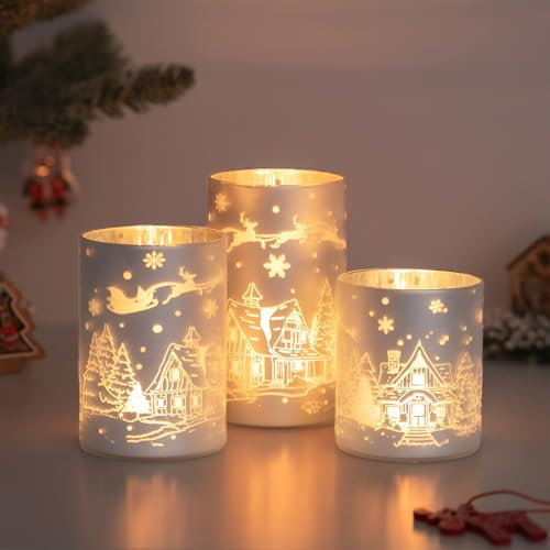 Hewory 3er Set Kerzenständer Glas für Weihnachten: Windlicht, Kerzenhalter, Tischdeko, Party Deko, Geschenk