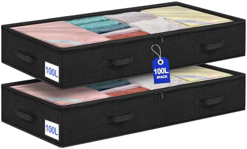 punemi 100L Jumbo Under Bed Storage Containers (No Support) - 2-Pack Collapsible Storage Bins with Clear Lids & Sturdy Handles, 7.5in Tall, for Off-Season Winter Clothes, Black