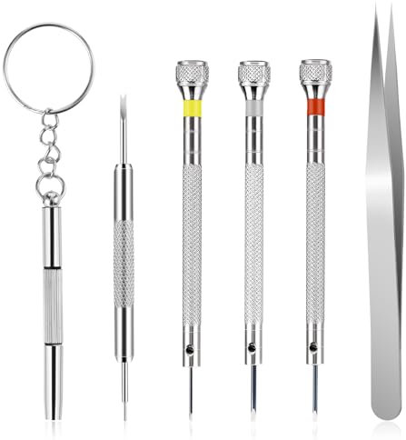 Lot de 6 tournevis de précision pour horloger - 0,8 à 1,4 mm - Tournevis de précision professionnel - Tournevis de réparation de montres avec pince à épiler pour réparation de lunettes et bijoux