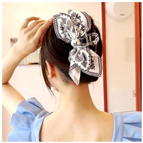 Pince à cheveux avec nœud papillon - Motif cachemire français - Grande barrette à cheveux - Accessoires de coiffure pour femme (blanc)