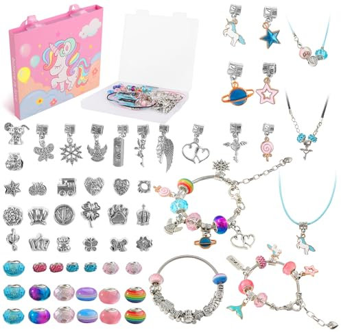 Getyjoe 62 Stück Armband Adventskalender Schmuckbastelsets Mädchen Einhorn Geschenke Schmuck Basteln Mädchen Charm Armband Kit für Weihnachtsgeschenke Geburtstag Geschenke DIY Schmuck Set
