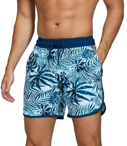 TMEOG Short de Bain Homme Maillot de Bain Cordon Short de Piscine Plage Surf Sport Short Bermuda avec Poche Zippée(Feuilles Palmier,XXL)