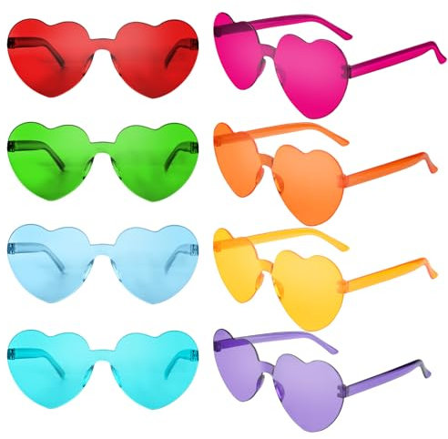 CHRORINE 8/16/24 Paar herzförmige Sonnenbrillen randlos Herz Glasse Transparent Bonbonfarben für Gastgeschenke (8, Mehrere Farben)