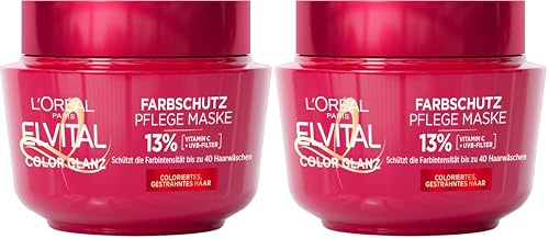 L'Oréal Paris Elvital Haarkur für längeren Farbglanz, Für coloriertes, getöntes oder gesträhntes Haar, Intensivkur mit Pfingstrosen Extrakt und UV-Filter, Color Glanz Farbschutz Pflegemaske, 1x300 ml