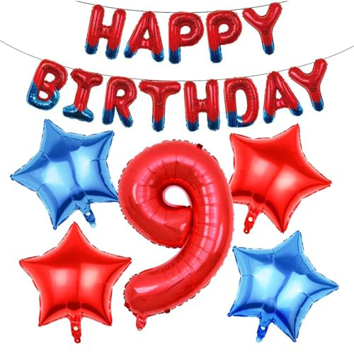 KOBOKO Spider Luftballon 9 Geburtstag Junge Mädchen, Folienballon Zahl 9 Jahre, Spidey Geburtstagsdeko 9 Jahre Junge,Spinnen Happy Birthday Ballon Geburtstag, Rot Blau Luftballons 9. Geburtstags Deko