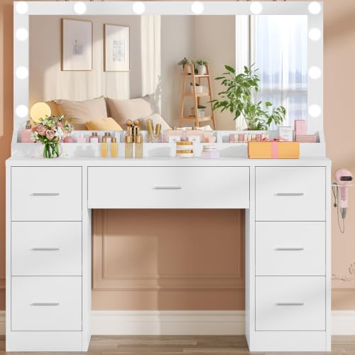 TEENFON Dressing Table with Large Mirror and 12 LED Lights, Vanity Desk with 7 Drawers & Hairdryer Holder, Vanity Table Makeup Desk for Women, Girls, 3 Lighting Color Adjustable, White