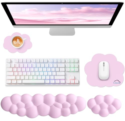 Sushret Repose-Poignet Nuage Clavier, Ensemble 4‑en‑1 Cuir Mousse à Mémoire, Tapis Souris, Support Ergonomique Avant-Bras et Paume, Bureau & Gaming, Rose